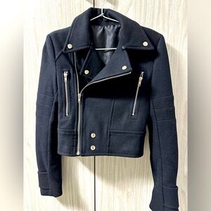 Black Cropped Moto-Style wool Jacket - Size M